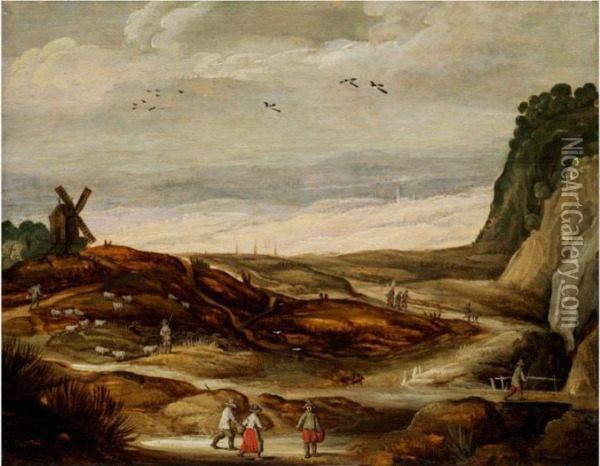 Landschaft Mit Windmuhle, Schafherde Undfigurenstaffage Oil Painting - Joos De Momper