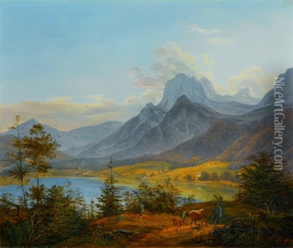 Attersee Mit Blick Auf Das Hollengebirge Oil Painting - Johann Nepomuk Ott