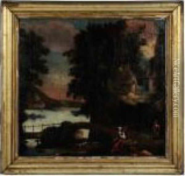 Italianate Landscape, With Two Figures By A Bridge Oil Painting - Nicolaes Berchem