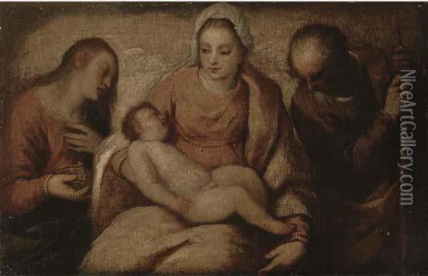The Holy Family With Saint Mary Magdalene Oil Painting - Tiziano Vecellio (Titian)