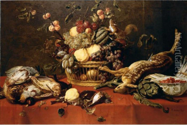Fruit In A Basket Together With 
Game, A Bowl Of Fraises-de-bois, Artichokes, Asparagus And A Squirrel 
Upon A Table Draped With A Red Cloth Oil Painting - Frans Snyders