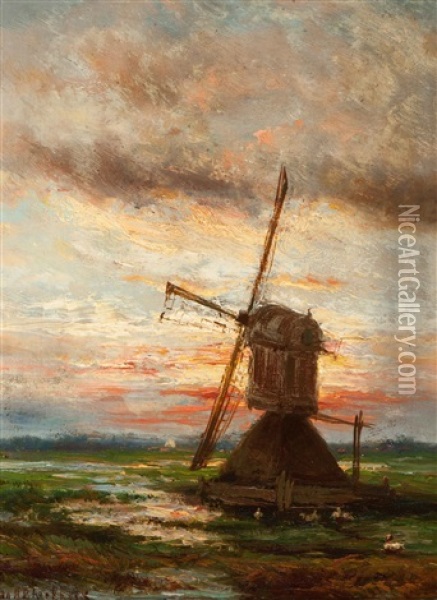 Mill At Sunset Oil Painting - Johannes Hermanus Barend Koekkoek