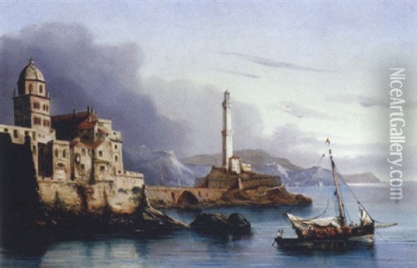 Embarcations De Pecheurs Aux Abords D'un Port Oil Painting - Cheri Francois Marguerite Dubreuil