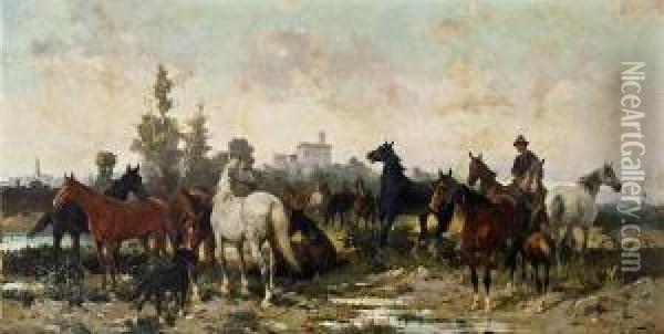 Pferde Auf Der Weide Oil Painting - Alfredo Tominz