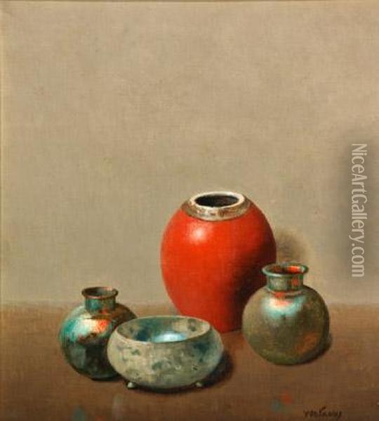 Still Life With Asian Jar And Ancient Glass Oil Painting - Harry Wilson Watrous