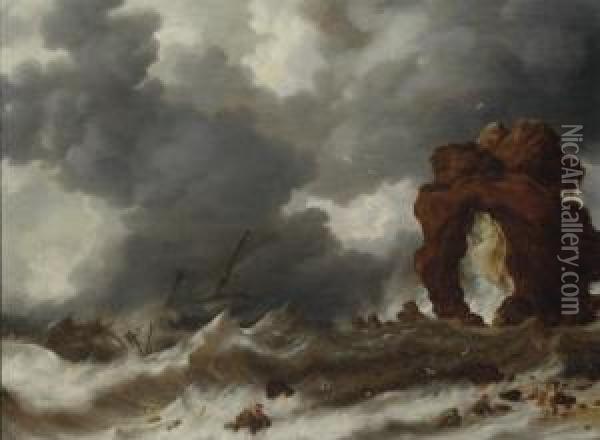 Stormy Seas With A Shipwreck Oil Painting - Bonaventura, the Elder Peeters