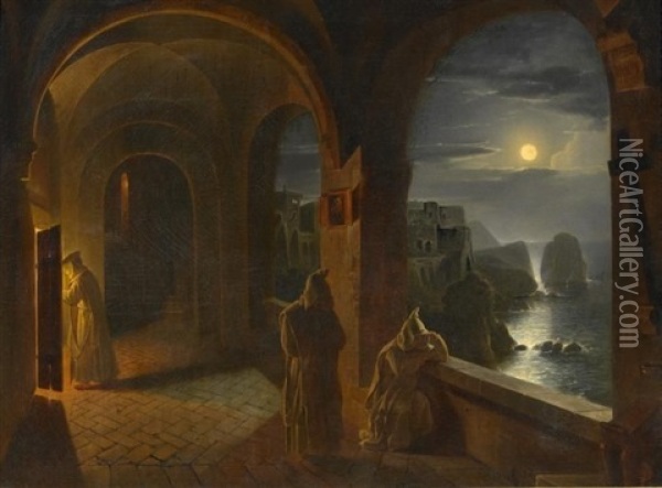 Karthauser Monche In Certosa Di San Giacomo Auf Capri Oil Painting - Franz Ludwig Catel