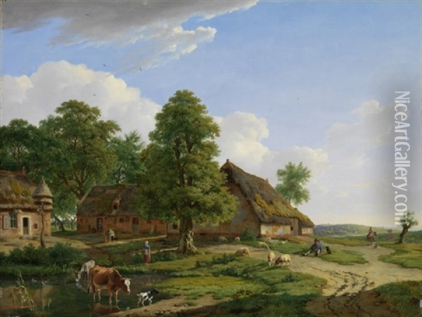 Sommerliche Landschaft Mit Weg, Gehoften, Hirten, Esel Und Kuhen Und Hund Oil Painting - Jean-Baptiste de Jonghe