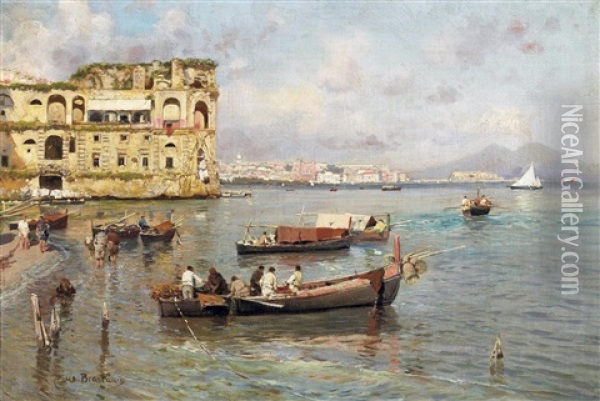 In Der Bucht Von Neapel. Blick Auf Den Palast Der Konigin Johanna Und Den Vesuv Oil Painting - Carlo Brancaccio