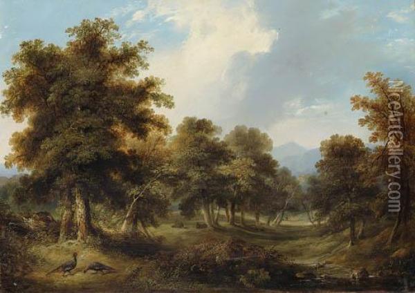 A Wooded Glade With Pheasants And Rabbits, A Sportsman And His Dogbeyond Oil Painting - Ramsay Richard Reinagle