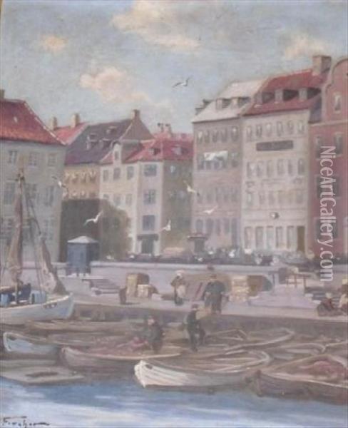 Figures On A Quay With Boats Oil Painting - Edmund Fischer