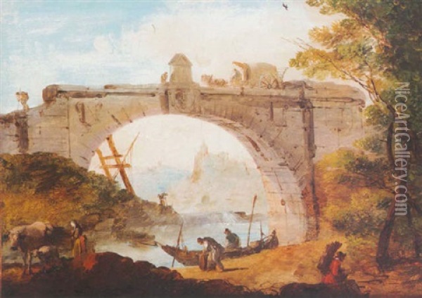 A View Of A Classical Bridge With Workmen And Other Figures On The Riverbank In The Foreground Oil Painting - Giuseppe Bernardino Bison