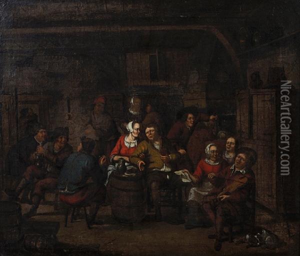 Peasants Carousing In A Tavern Oil Painting - Adriaen Jansz. Van Ostade