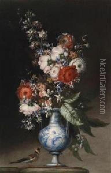 A Bouquet Of Flowers In A Blue Paintedearthenware Vase And A Titmouse Oil Painting - Nicola Malinconico