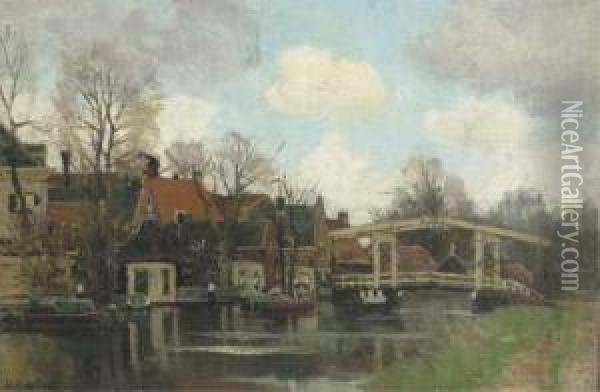 Ophaalbrug Over De Vecht, Breukelen: A Riverside Village Oil Painting - Nicolaas Bastert