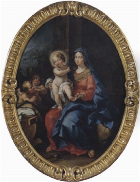 Madonna Con Bambino E Due Angeli Con Sfondo Paesistico In Lontananza Oil Painting - Ludovico Mazzanti