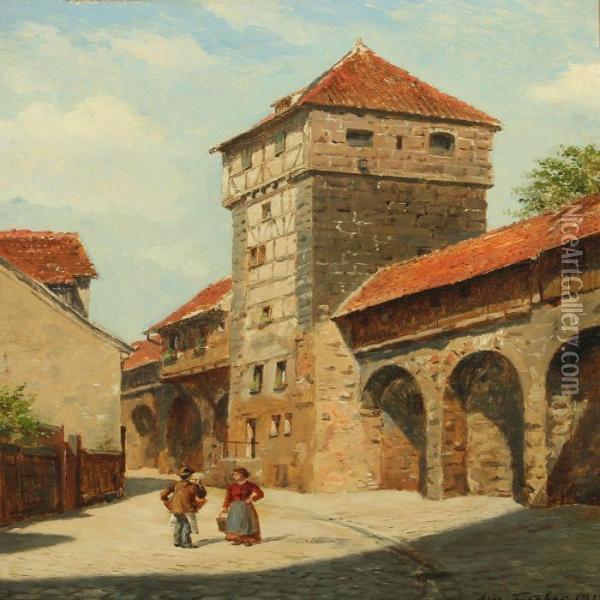 Cityscape From Nurenberg With Couple By Town Wall Oil Painting - August Fischer