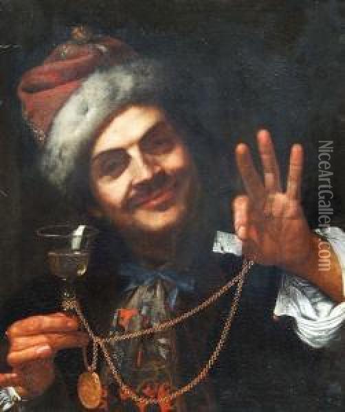 A Man With A Wine Glass Oil Painting - Bartolomeo Manfredi