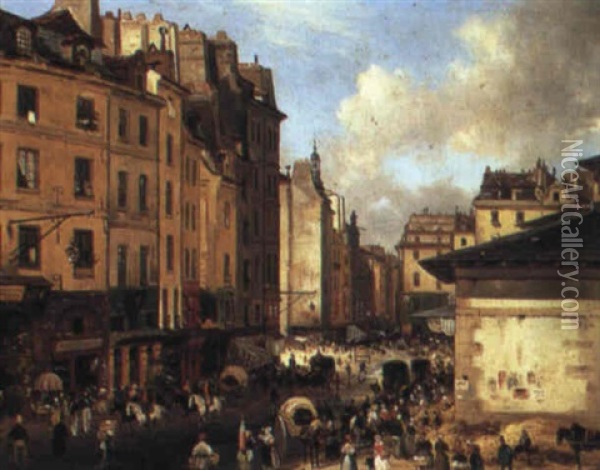 A Paris Street Scene (rue Saint-denis?) Oil Painting - Giuseppe Canella I