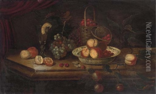 Peaches And Berries In A Wanli Kraak Porcelein Bowl With Grapes, A Peeled Lemon And Orange, A Roemer And A Basket Of Strawberries On A Ledge Oil Painting - Osias Beert the Elder