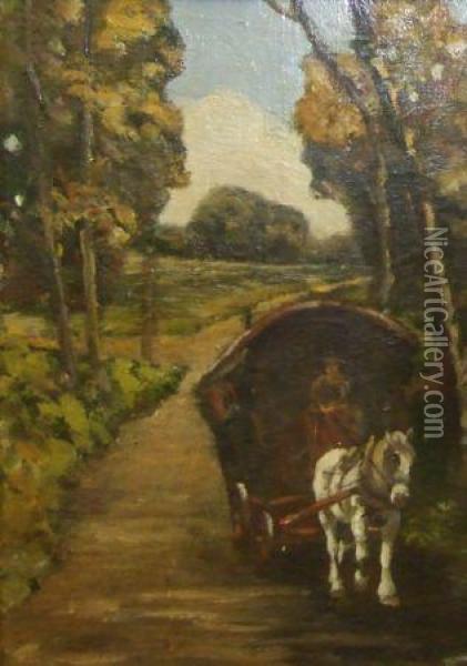Gypsy Caravan In Country Road Oil Painting - Henry Morley