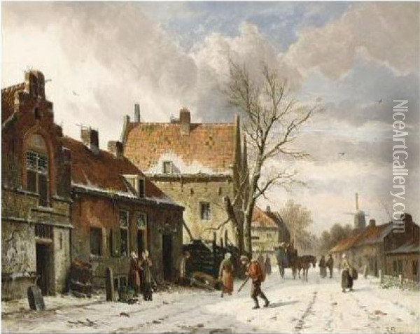 A Town Scene In Winter Oil Painting - Adrianus Eversen