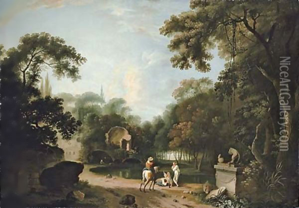 A classical wooded landscape with ruins, a traveller on a path and figures resting by a river Oil Painting - Richard Wilson