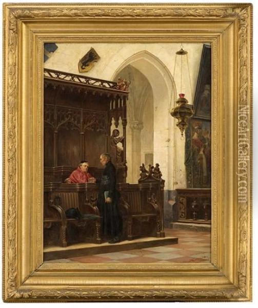 Church Interior With Priest And Monk Oil Painting - Vincent Stoltenberg Lerche