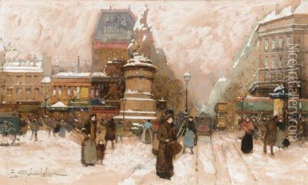 Winter Street Scene - Paris Oil Painting - Eugene Galien-Laloue