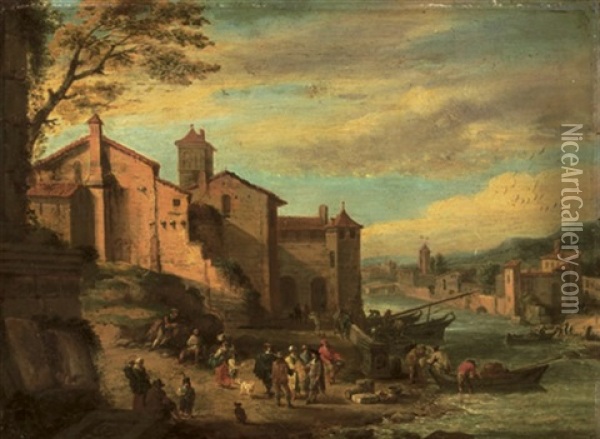 The Port Of The Ripa Grande, Rome With Merchants Conversing (collab. W/adriaen Frans Boudewijns) Oil Painting - Pieter Bout