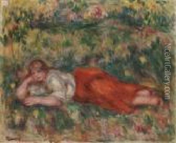 Femme En Rouge Et Blanc Couchee Dans L'herbe Oil Painting - Pierre Auguste Renoir