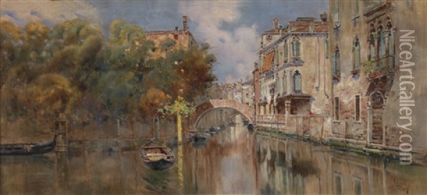 Blick Auf Einen Kanal In Venedig Oil Painting - Antonio Maria de Reyna Manescau