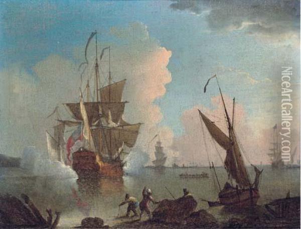 A Warship Announcing Its Departure From The Anchorage Oil Painting - Thomas Mellish