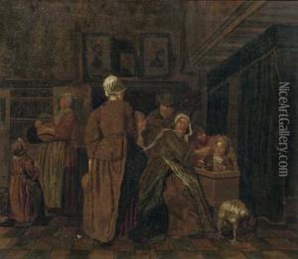 A Family In An Interior Oil Painting - Jan Jozef, the Younger Horemans