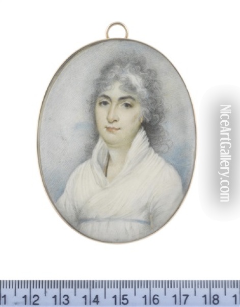 A Lady, Called Miss Fletcher, Wearing White Dress, Narrow Sky Blue Ribbon Waistband, A Black Cord Suspended From Her Neck, Her Powdered Hair Partially Upswept And Dressed With A White Bandeau Oil Painting - George Chinnery