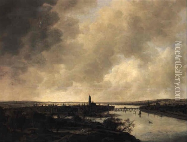 Panoramic Landscape With A Town Ivided By A River (frankfurt?) Oil Painting - Anthony Jansz van der Croos