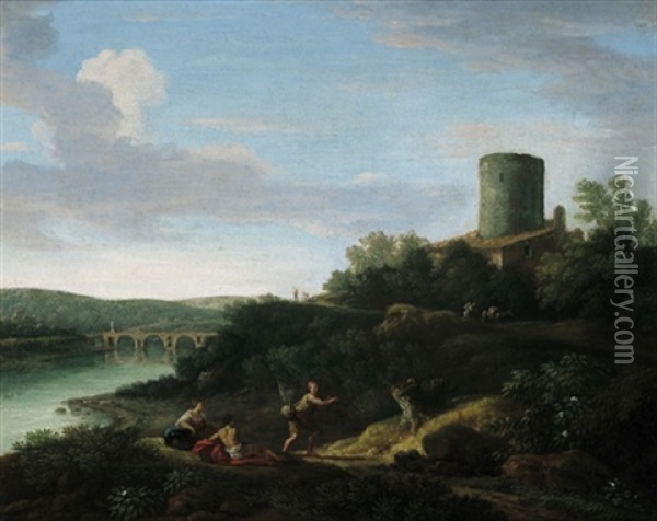 Paesaggio Con Il Tevere E Il Ponte Milvio Oil Painting - Giovanni Battista Busiri