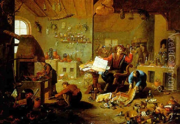 An Alchemist With Assistants In A Laboratory Oil Painting - Matheus van Helmont
