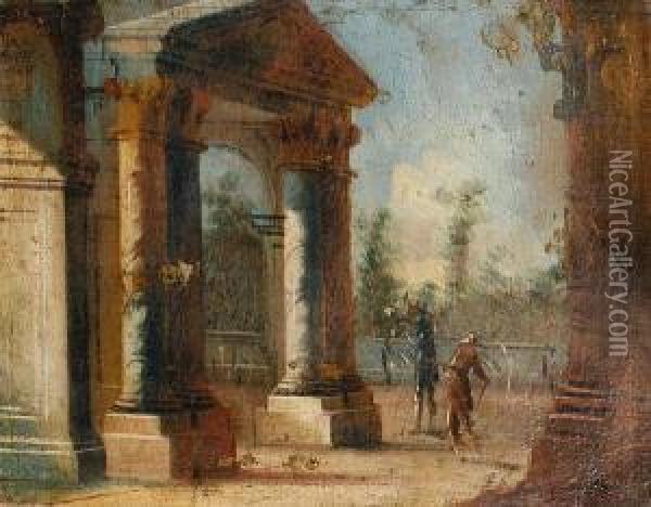 Figures By Classical Buildings, A Parkbeyond Oil Painting - Leonardo Coccorant