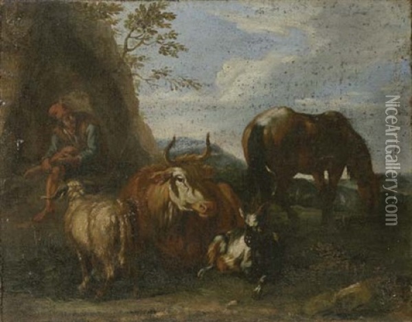 Pastore Con Armenti (+ Sosta Di Cavalieri Presso Un Casolare; 2 Works) Oil Painting - Pieter van Bloemen