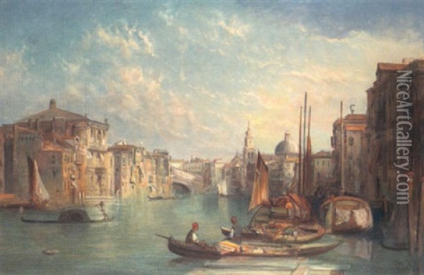 A View On The Grand Canal Near The Rialto Bridge, Venice Oil Painting - Alfred Pollentine