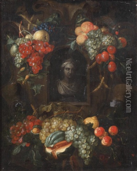 A Sculpted Bust In A In A Niche Surrounded With Swags Of Fruit Oil Painting - Alexander Coosemans