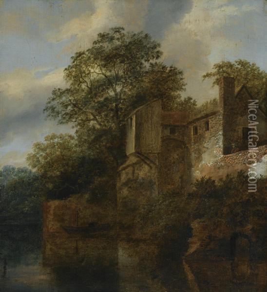 A Figure Standing By A Stone House Along A River Oil Painting - Cornelius Decker