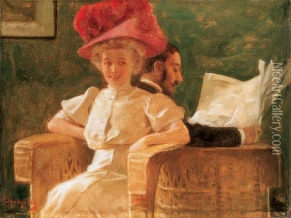In The Saloon Oil Painting - Tihamer Von Margitay