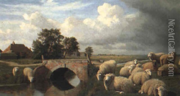 Sheep By A Bridge Oil Painting - William Sidney Cooper