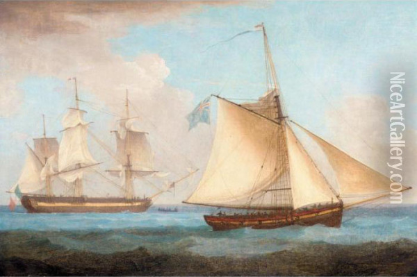 A French Vessel 'hove To' Oil Painting - Thomas Whitcombe
