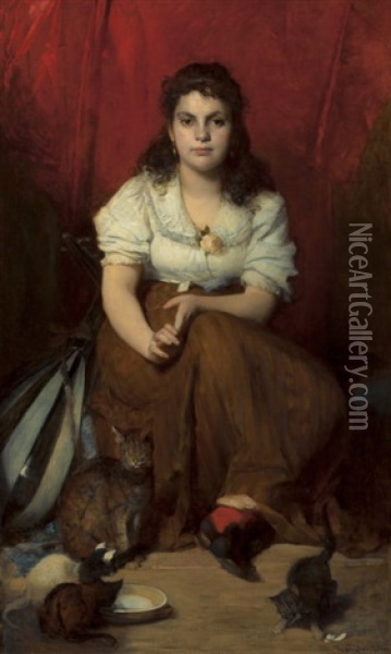 Portrait Of A Young Girl With A Mandolin And Cats Oil Painting - Franz Rumpler