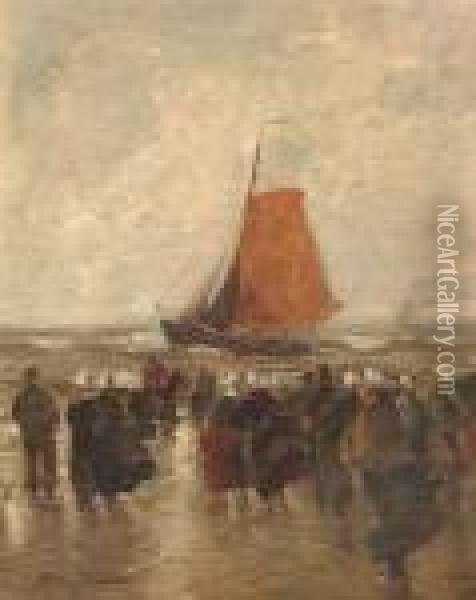 Fisherwomen At The Beach Awaiting The Sailing-boats Return Oil Painting - German Grobe