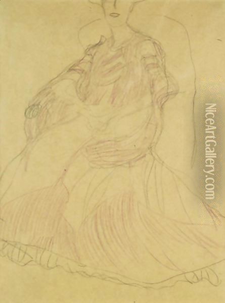 Sitzend Nach Links, Die Hande Ineinandergelegt (Seated To The Left, Hands Clasped) Oil Painting - Gustav Klimt