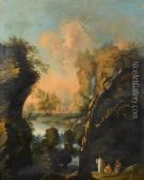 A Rocky River Landscape With Figures Restingbeside A Waterfall Oil Painting - Alessio De Marchis